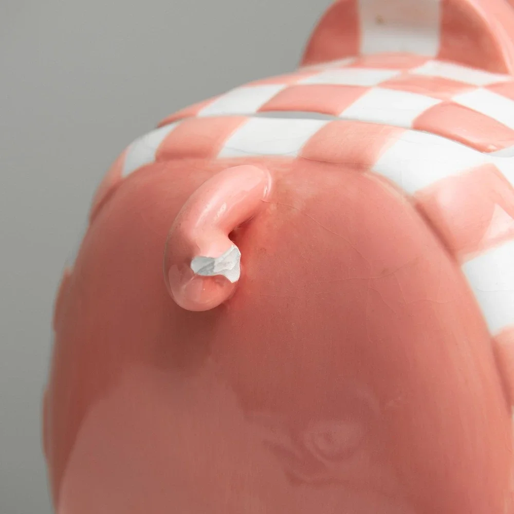 VTG Pink Pig Checkered Cookie Jar Whimsical CottageCore Retro‎ Country Farmhouse